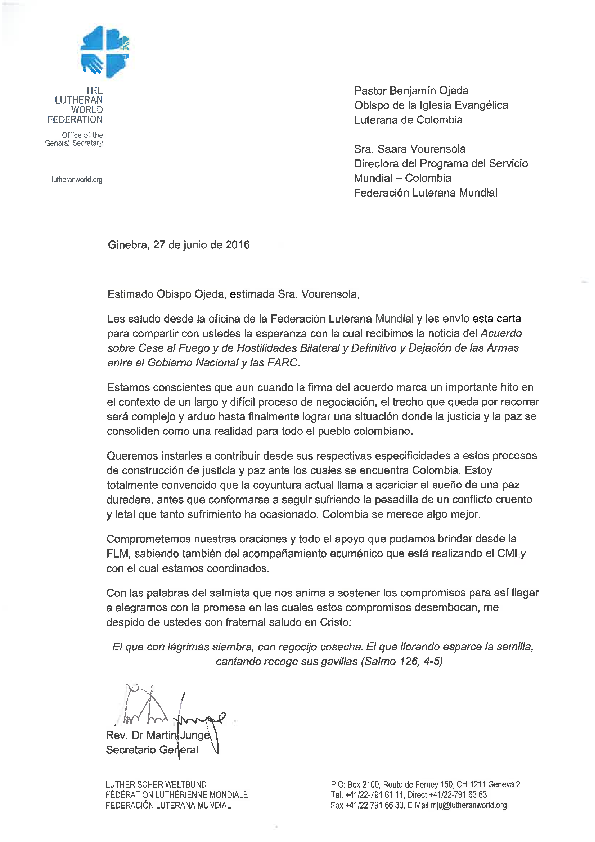 Compartir la esperanza: Carta del Secretario General de la FLM, Martín  Junge, al Obispo de la Iglesia Evangélica Luterana de Colombia y a la  Representante de País de la FLM en Colombia |